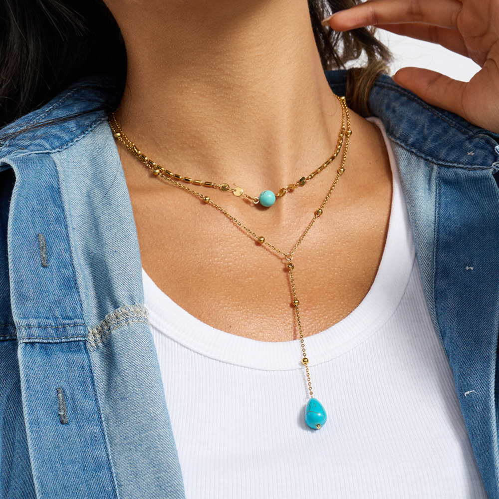 1 Piece Classic Calaite Droplet Stainless Steel Gold Color Women's Layered Necklaces h5Picture4