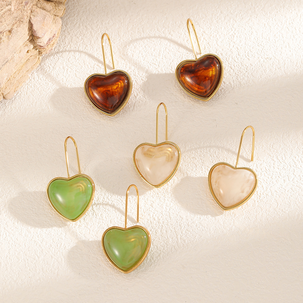 1 Pair Retro Heart Stainless Steel Gold Color Acrylic Women's Dangle Earrings h5Picture3