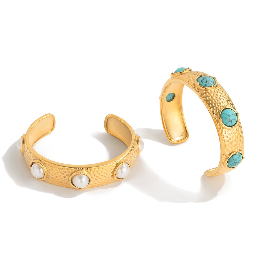 1 Piece Retro Circle Stainless Steel Gold Color Natural Stone Women's Cuff Bracelets h5Picture6