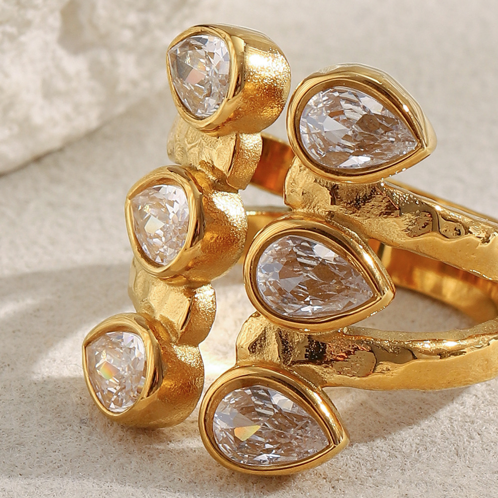 1 Piece Elegant Droplet Double-layer Stainless Steel Gold Color Zircon Women's Gemstone Rings Picture5