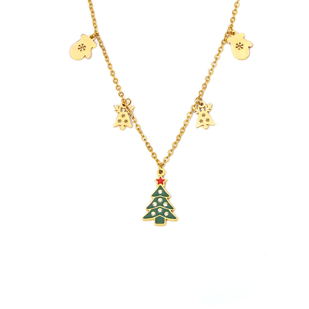 Christmas Tree Stainless Steel Gold Color Zircon Women's Pendant Necklaces