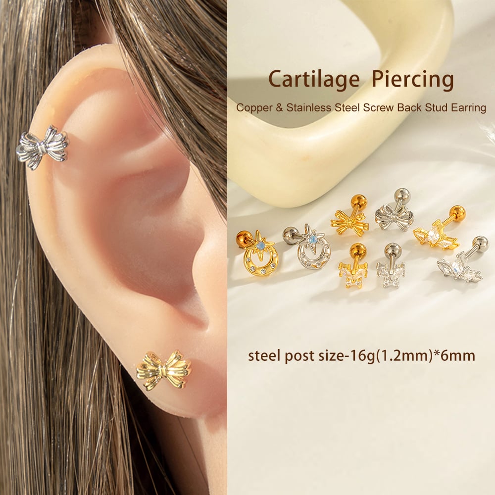 1 Piece Bow Knot Copper Gold Color  Zircon Piercing Earring Picture4