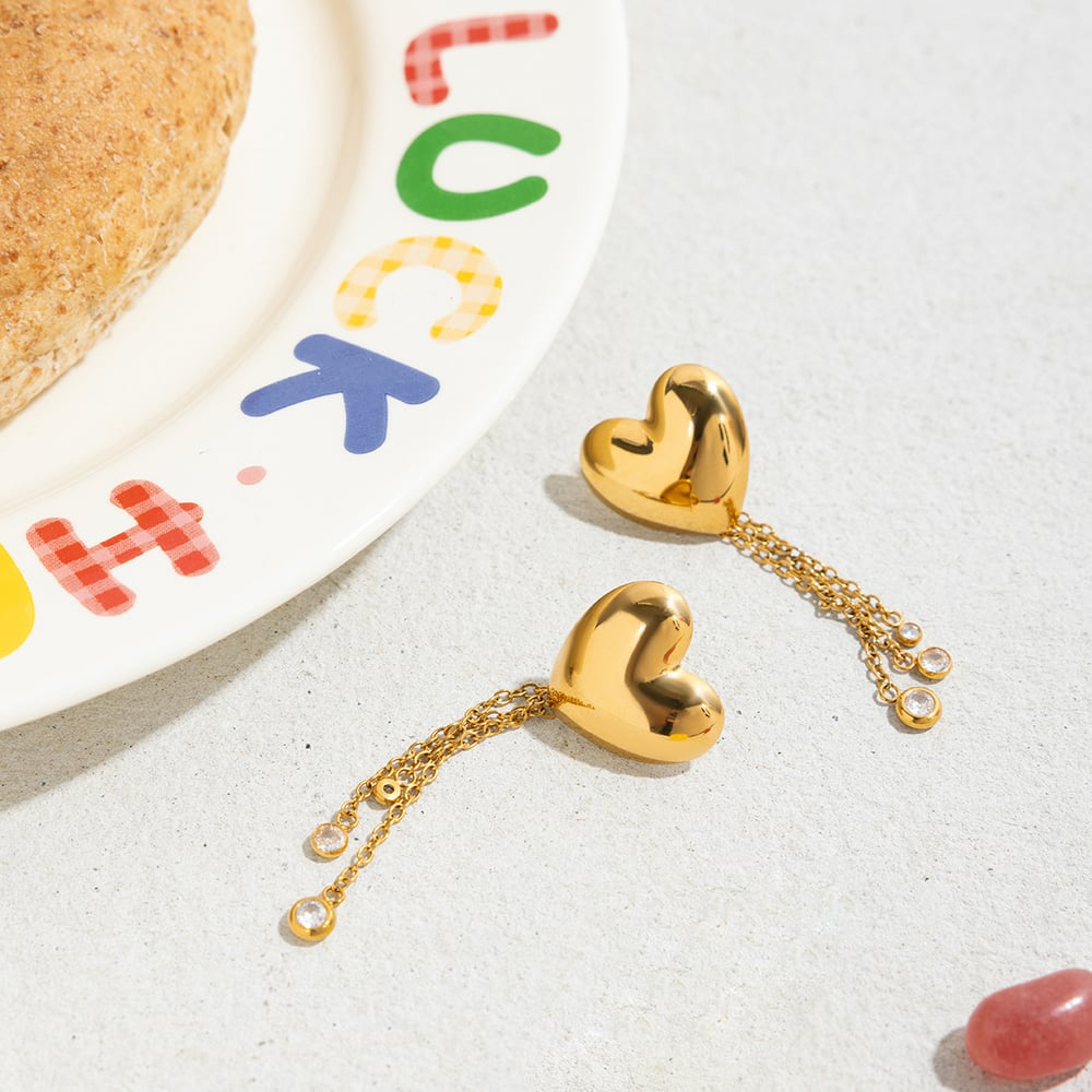 1 Pair Romantic Heart Tassel Stainless Steel Gold Color Women's Dangle Earrings h5Picture7