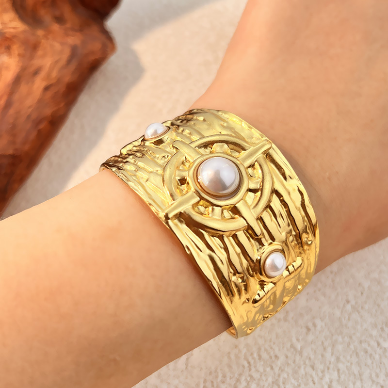 1 Piece Retro Irregular Shape Stainless Steel Gold Color Cuff Bracelet 