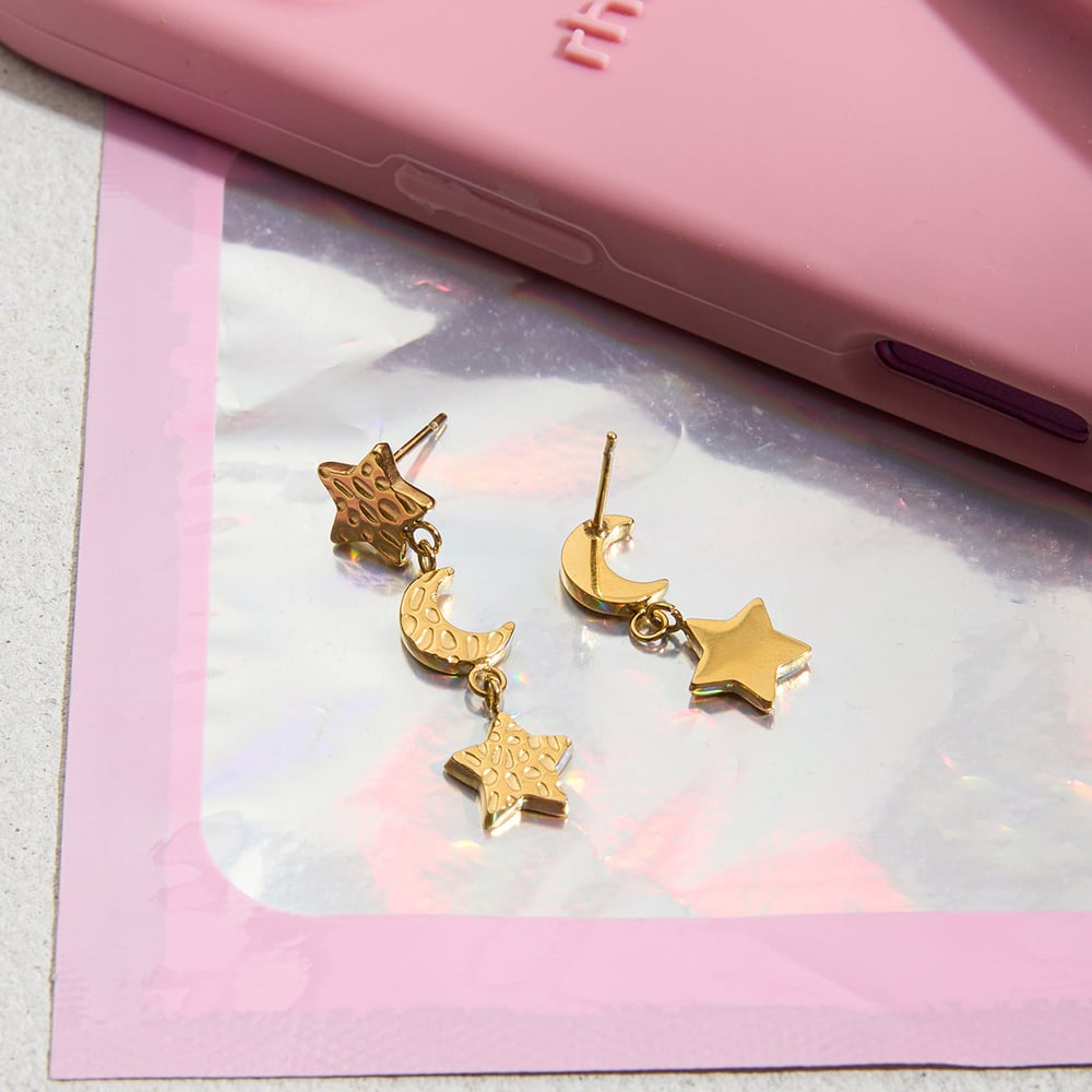 1 Paar klassische Stern- und Mond-Ohrringe aus Edelstahl in Goldfarbe für Damen h5Bild6