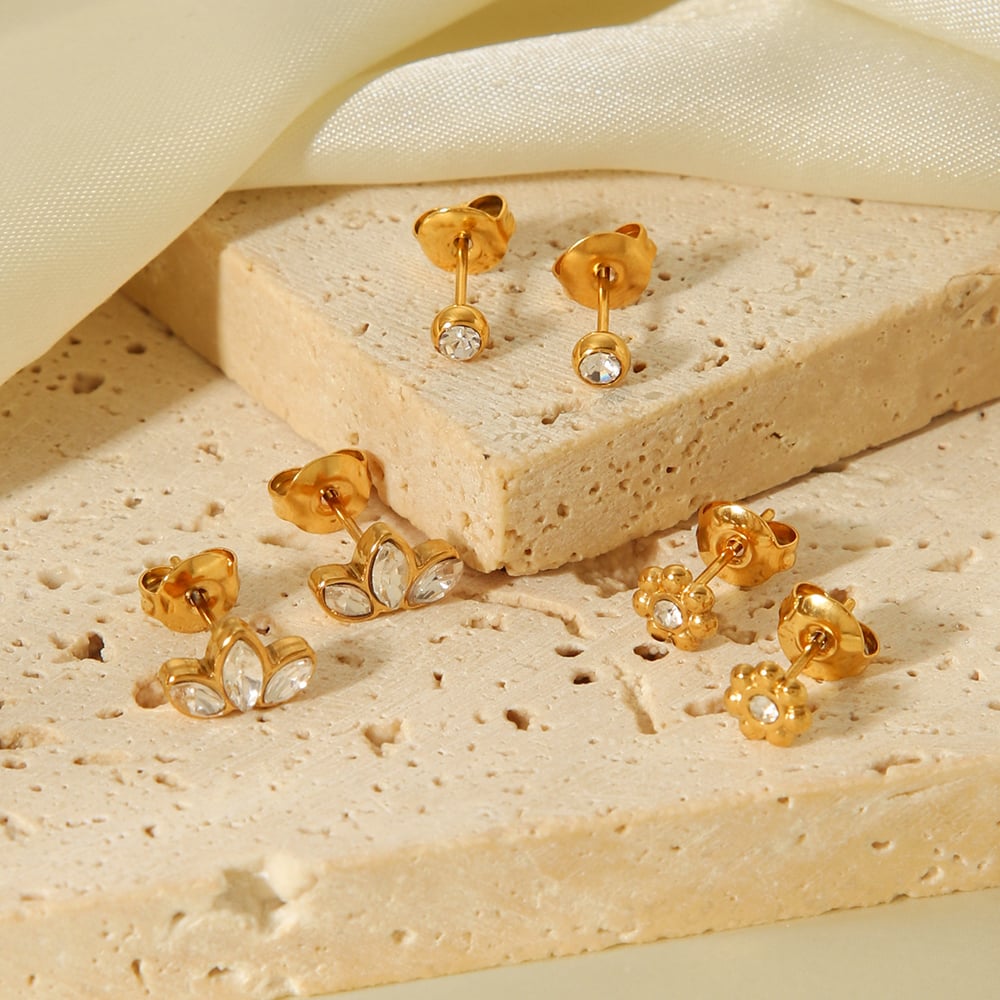 1 Set Daily Flower Stainless Steel Gold Color Zircon Women's Stud Earrings h5Picture3