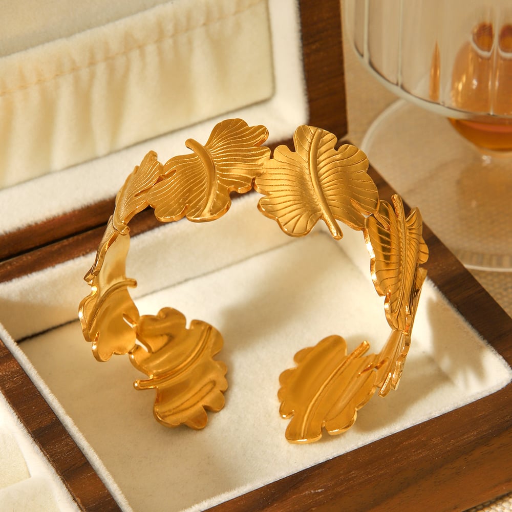 1 Piece Simple Series Daily Leaf Stainless Steel  Gold Color  Women's Bangles h5Picture6