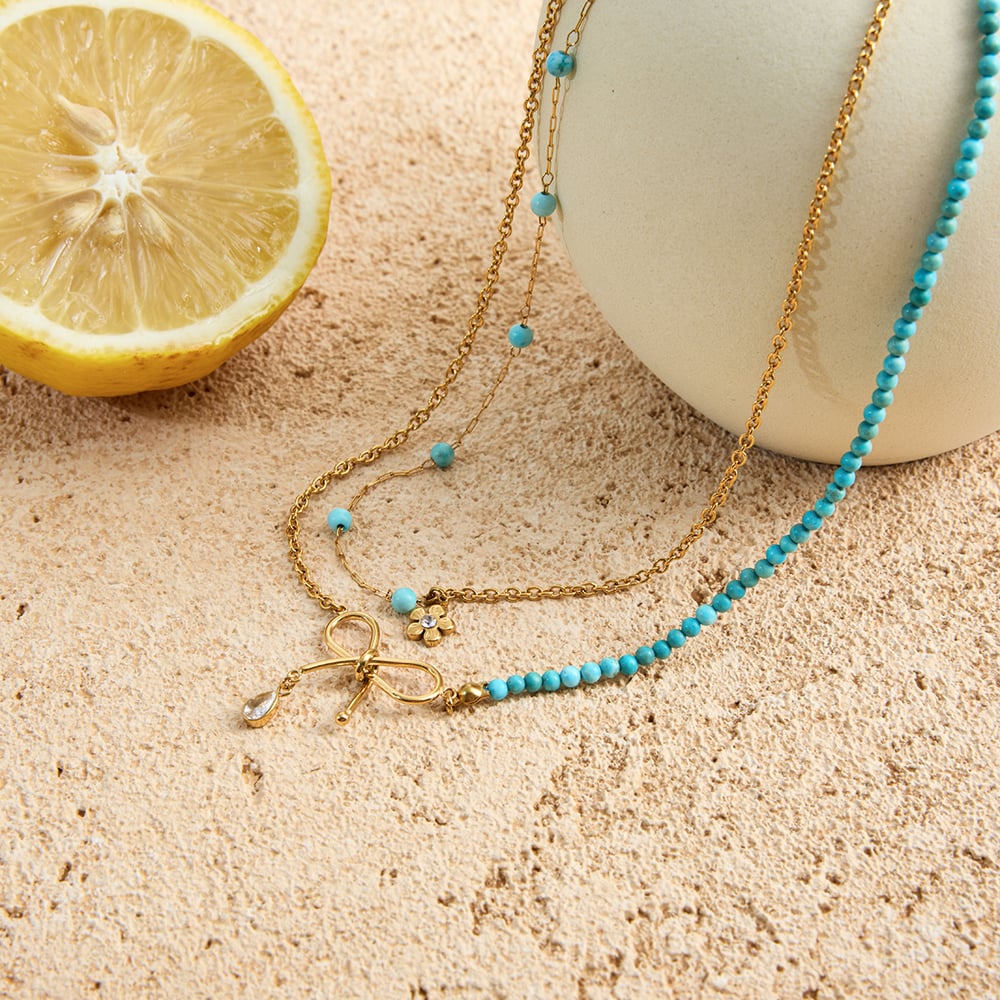 1 Piece Elegant Bow Knot Beads Stainless Steel Gold Color Women's Layered Necklaces h5Picture6