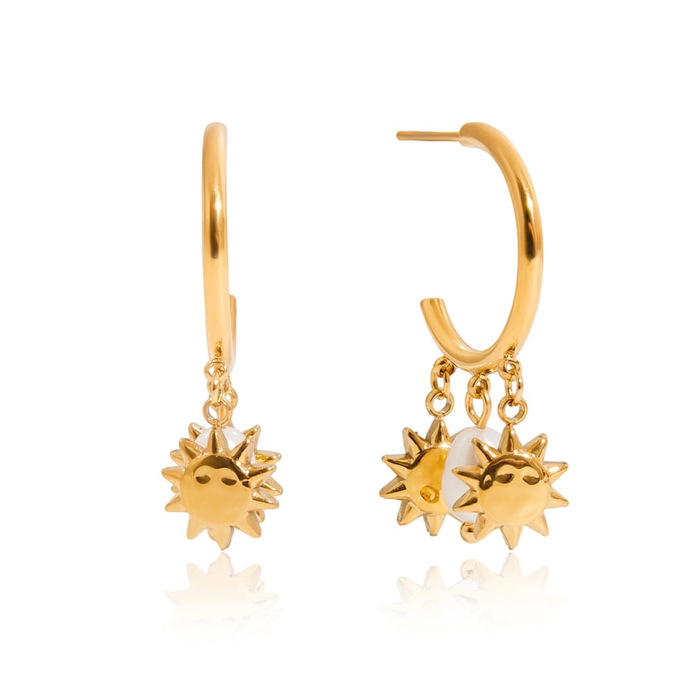 1 Pair Luxurious Sun Stainless Steel Gold Color Pearl Women's Hoop Earrings 