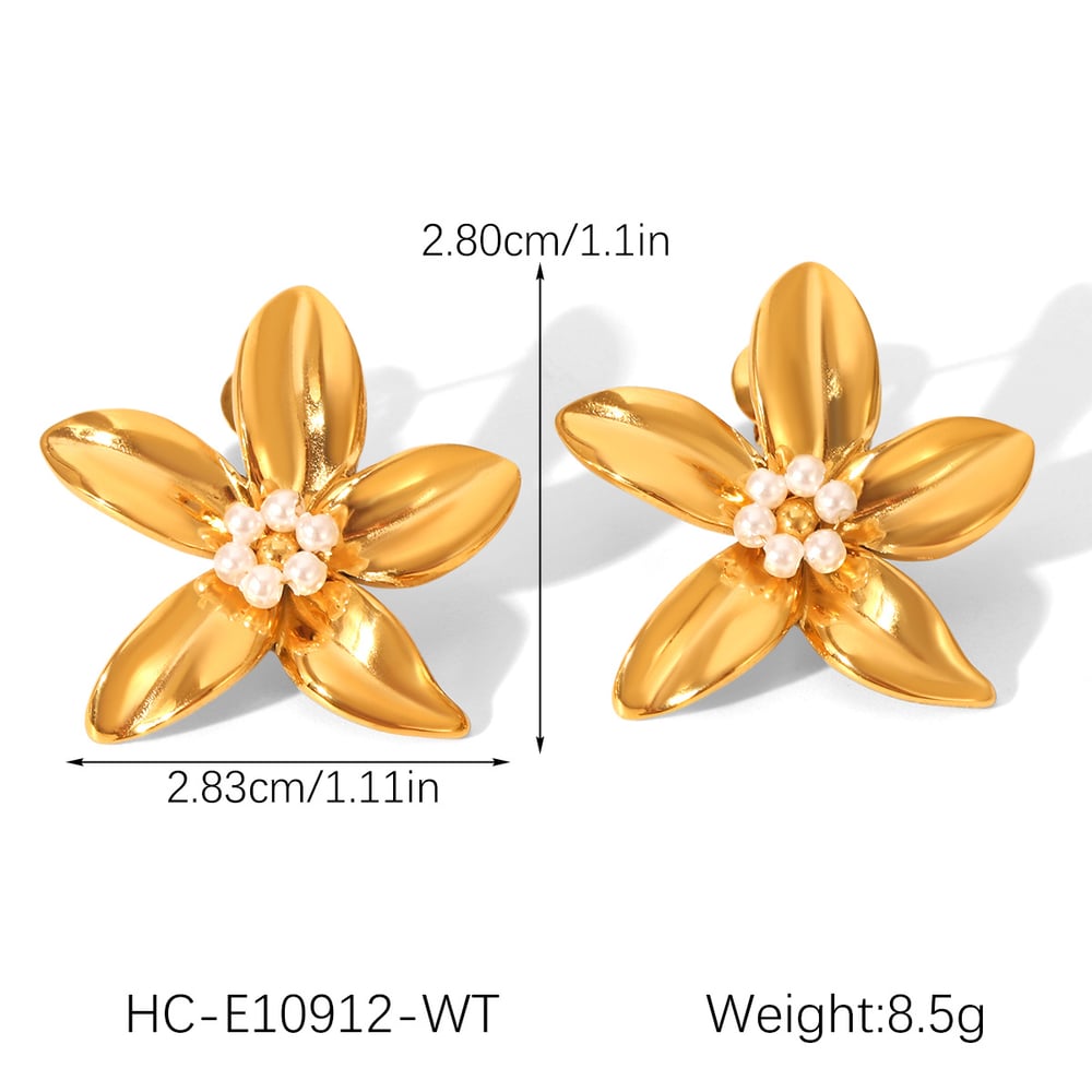1 Pair Elegant Flower Stainless Steel Gold Color Pearl Women's Stud Earrings h5Picture2
