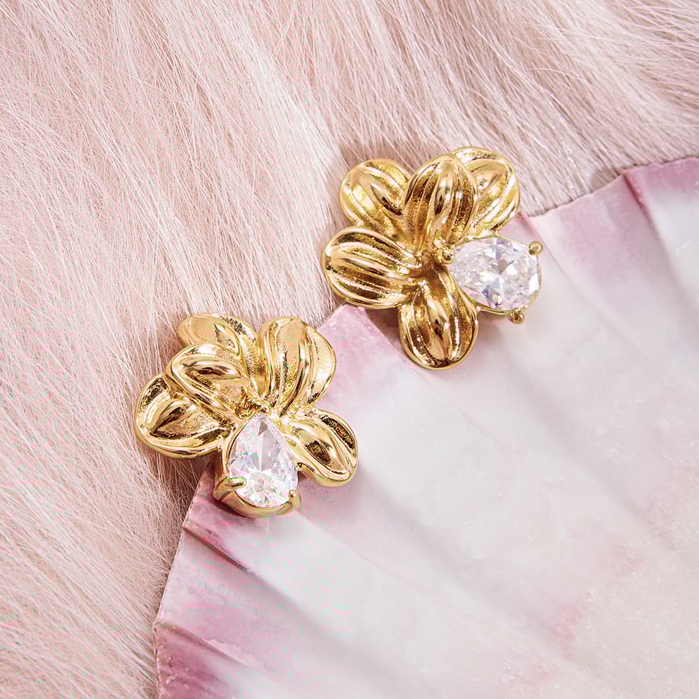 1 Pair Romantic Flower Stainless Steel Gold Color Zircon Women's Stud Earrings h5Picture5