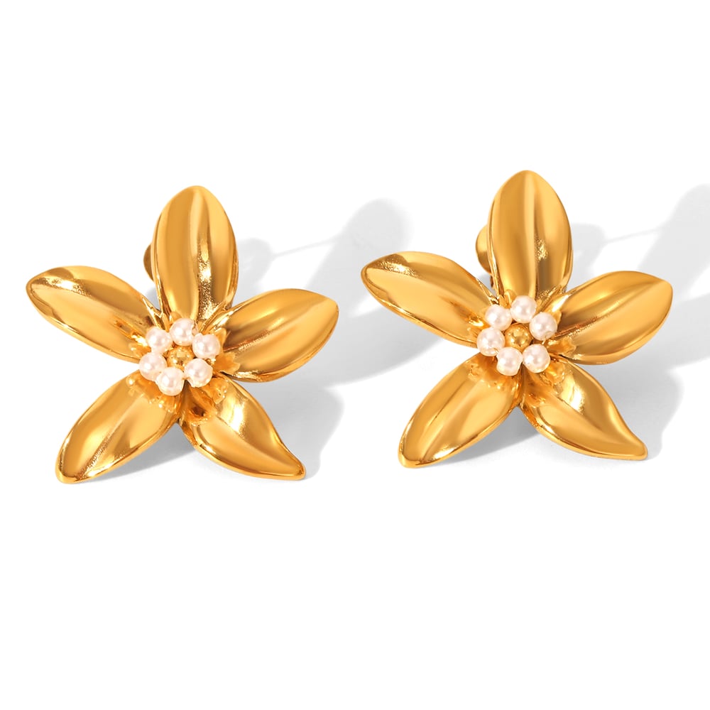 1 Pair Elegant Flower Stainless Steel Gold Color Pearl Women's Stud Earrings