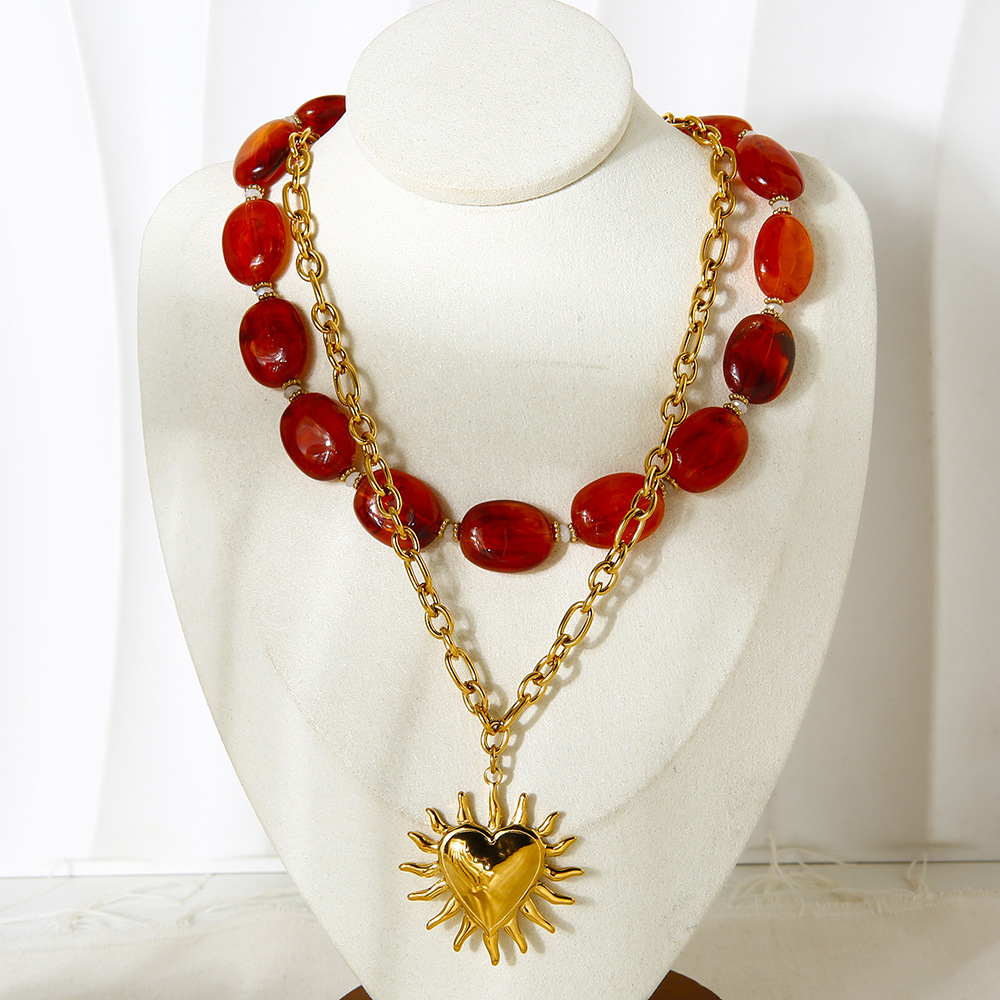 Retro Acrylic Beads Heart Charm Gold Color Necklace Set h5Picture3