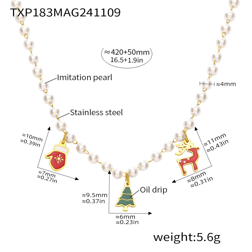 Luxurious Christmas Stainless Steel Gold Color Artificial Pearl Women's Jewelry Sets h5Picture2