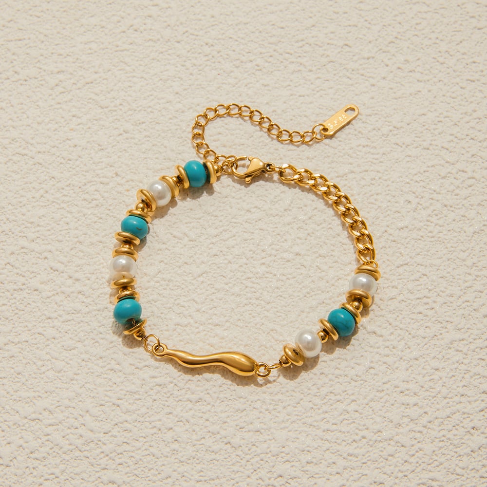 1 Piece Retro Calaite Beads Chain Stainless Steel Gold Color Women's Beaded Bracelets h5Picture7