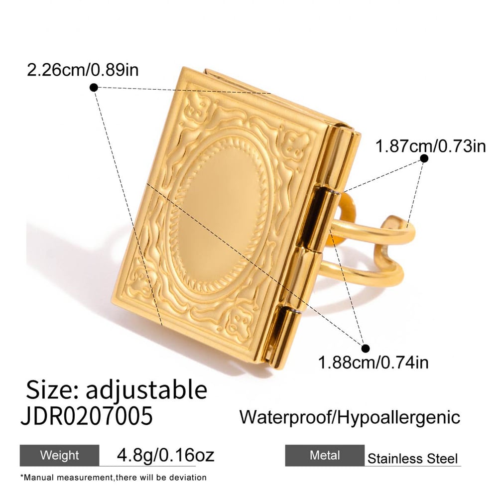 1 Piece Romantic Rectangle Photo Album Stainless Steel Gold Color Statement Rings h5Picture2