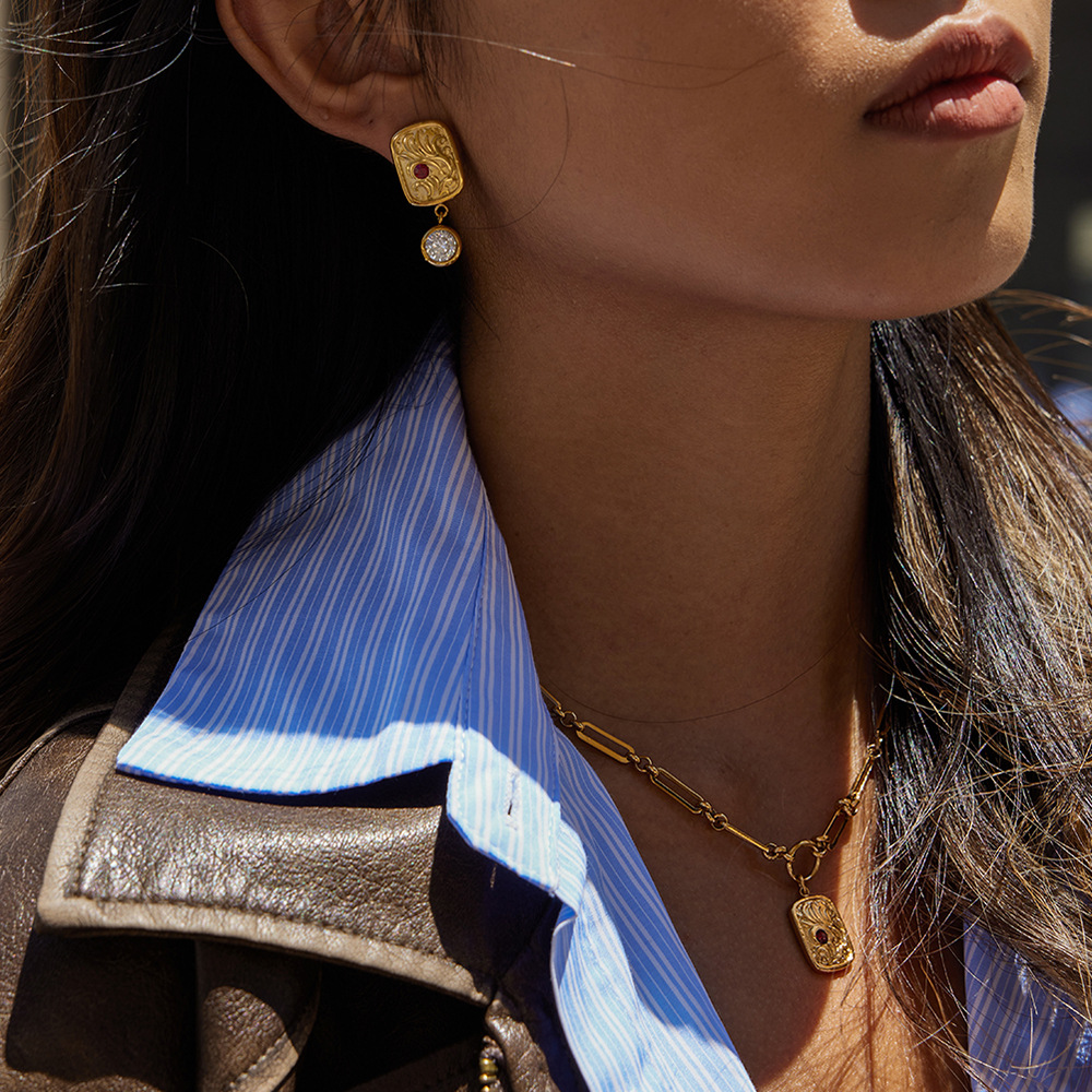 Sophisticated Rectangle Stainless Steel Gold Color Zircon Women's Jewelry Sets Picture2