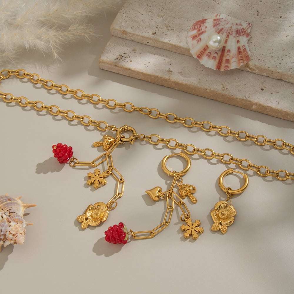 Romantisches Halsketten-Set mit Blumentrauben aus Edelstahl in Goldfarbe Bild3