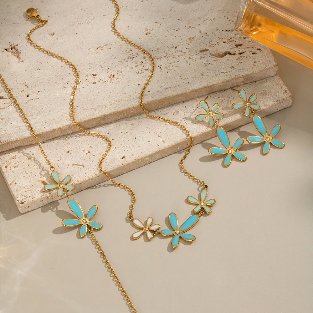 Romantische Serie Elegante Blume Edelstahl Gold Farbe Strass Halskette Set Bild3