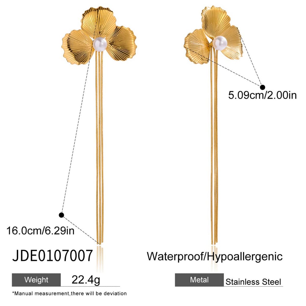 1 Pair Elegant Flower Tassel Stainless Steel Gold Color Women's Dangle Earrings h5Picture2