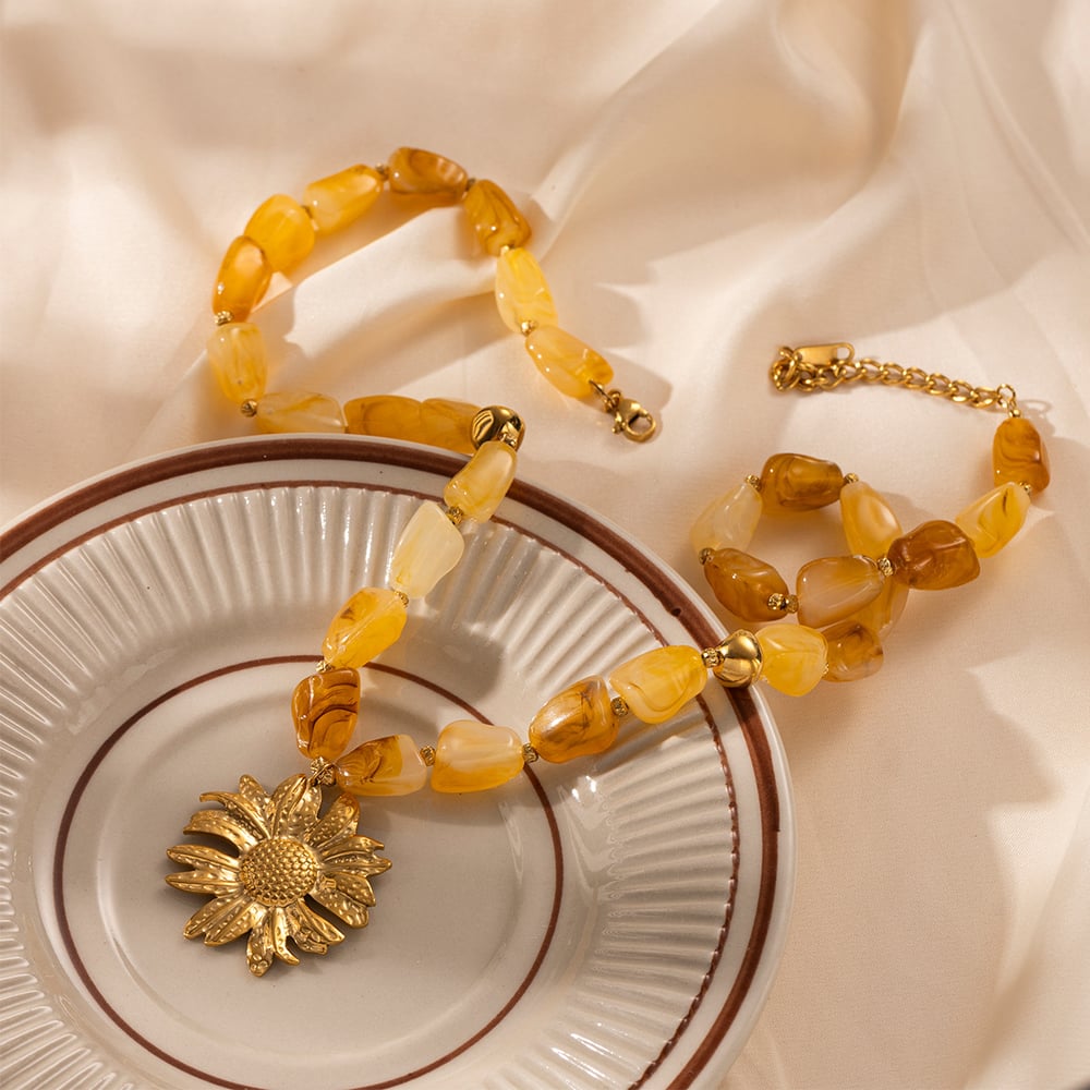 1 Piece Flower Sun Acrylic Gold Color Beaded Necklace Picture4