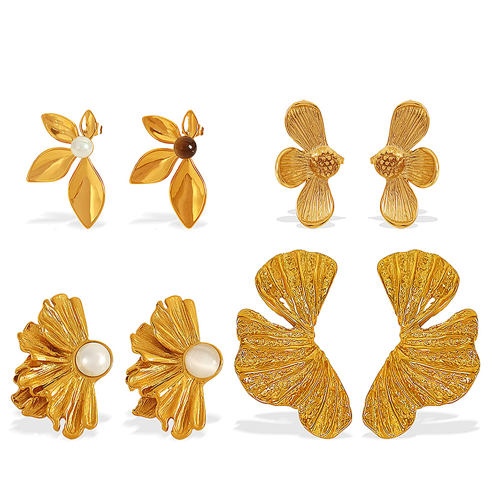 1 Pair Flower Stainless Steel Gold Color Stud Earrings Picture4