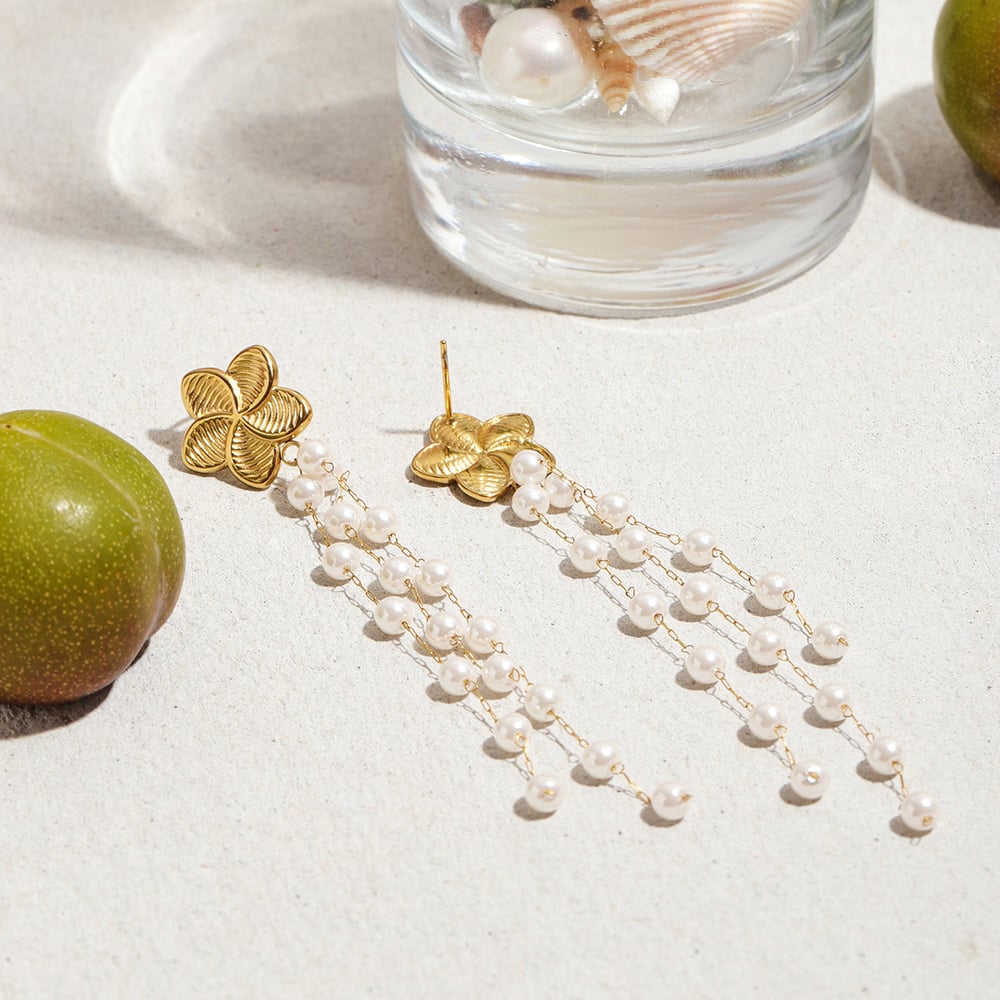 1 Pair Elegant Flower Tassel Stainless Steel Gold Color Women's Drop Earrings Picture6