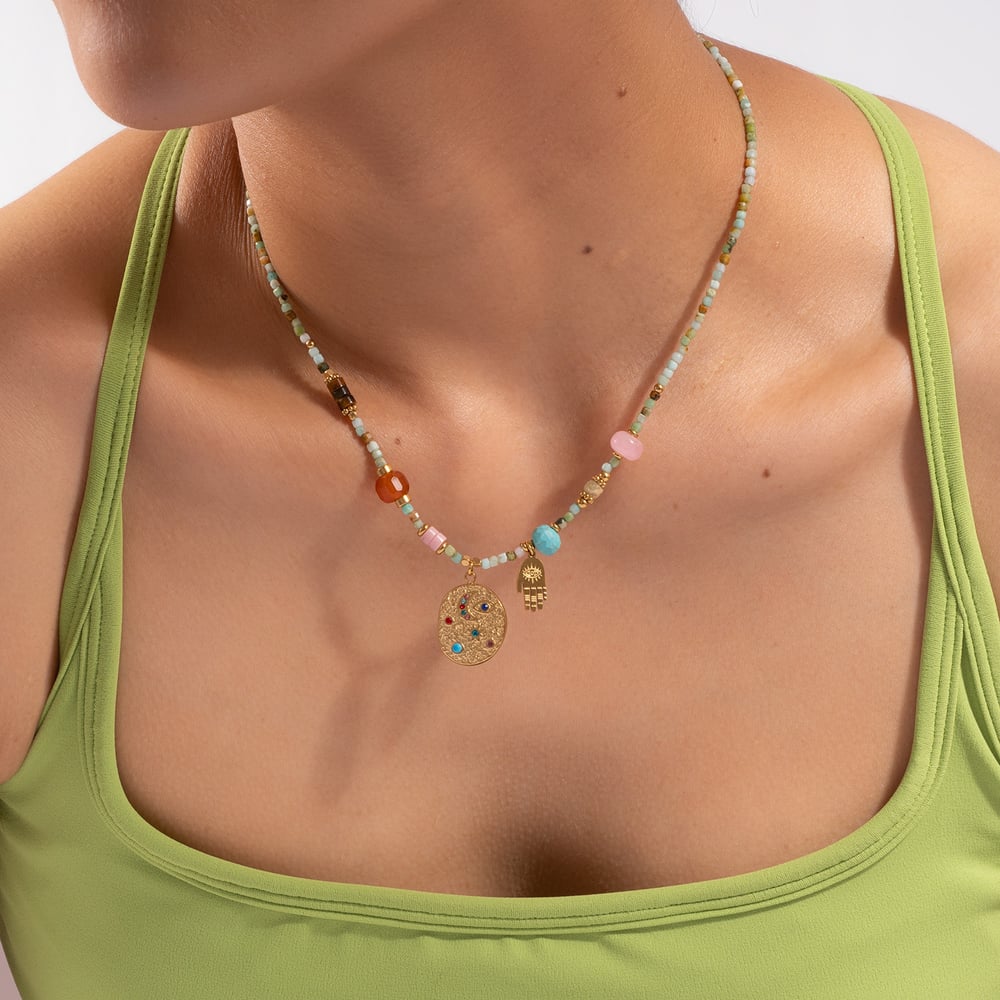 1 Stück bunte Natursteinperlen Edelstahl Goldfarbe Damen Perlenketten h5Bild4