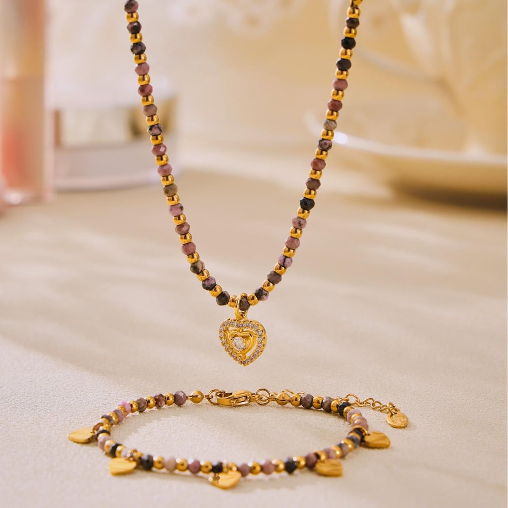 Vintage Heart Stainless Steel Gold Color Natural Stone Women's Jewelry Sets h5Picture4