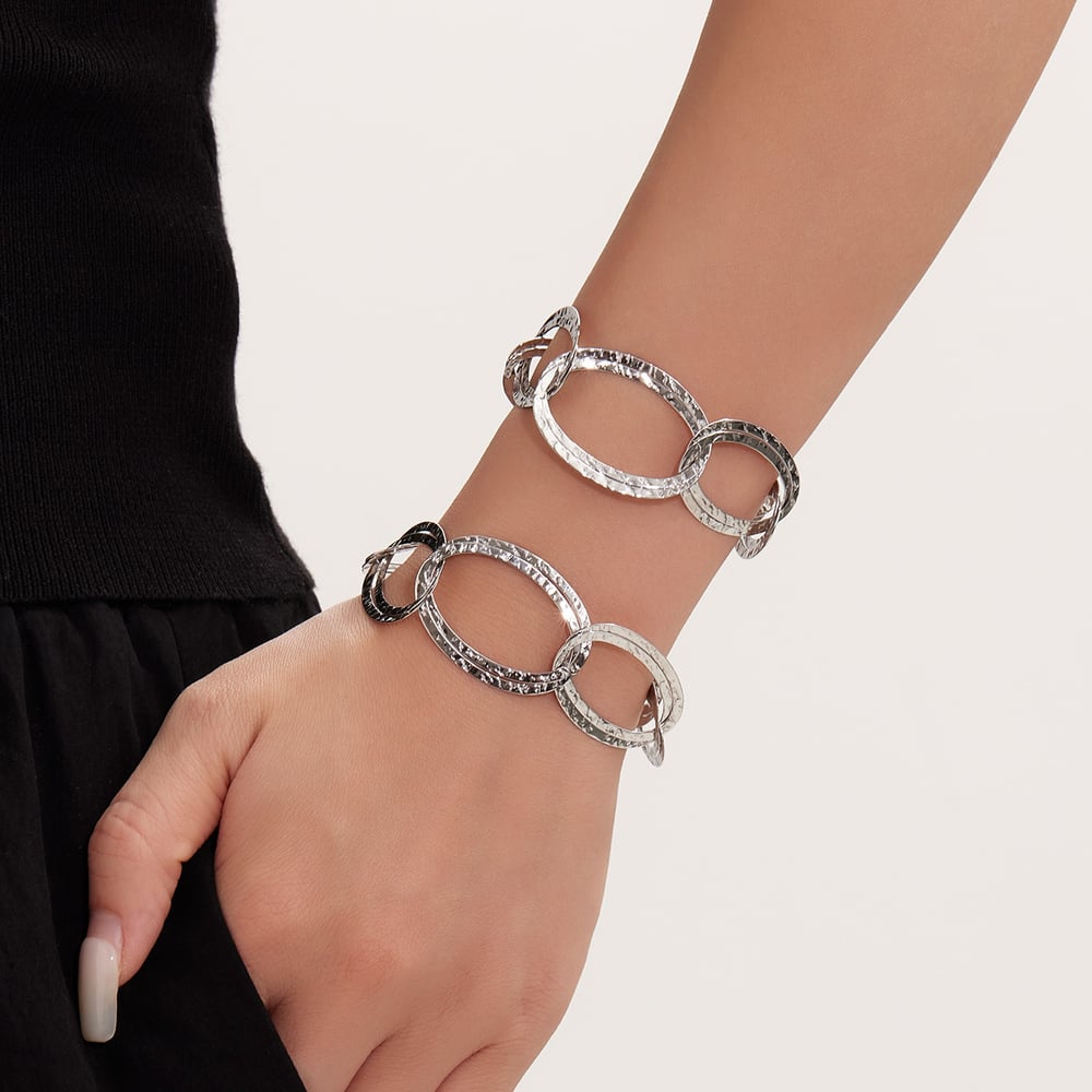 1 Piece Oval Hammer Pattern Stainless Steel Gold Color Women's Chunky Bracelets Picture5