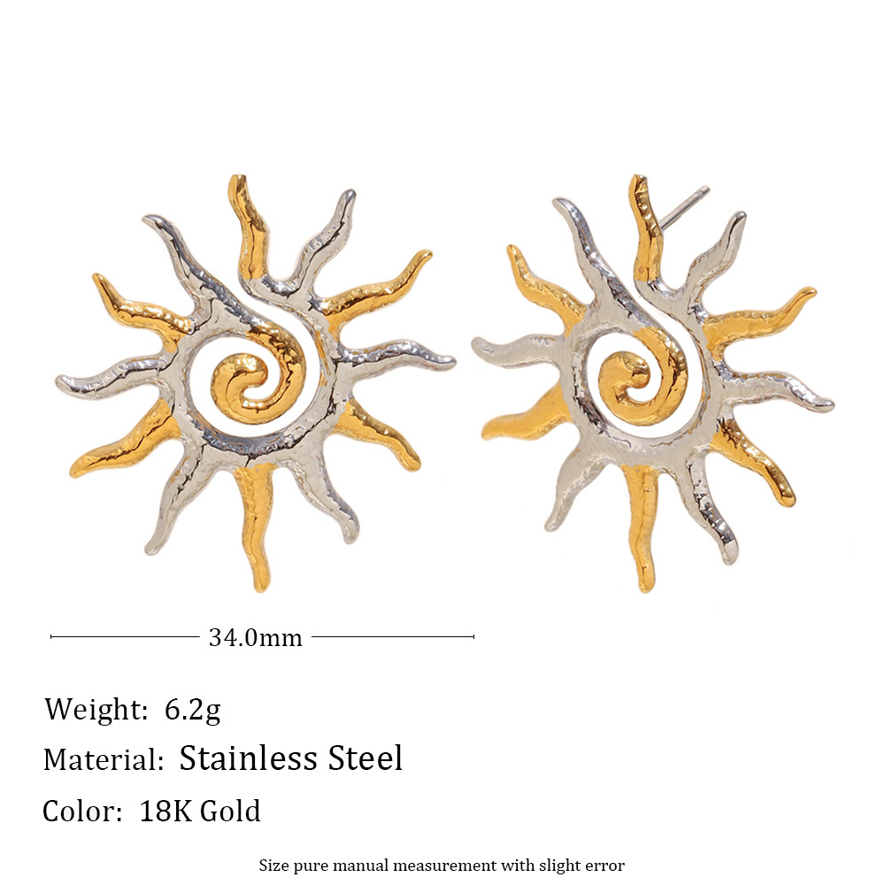 1 Pair Classic Sun Stainless Steel Gold Color Women's Stud Earrings h5Picture2