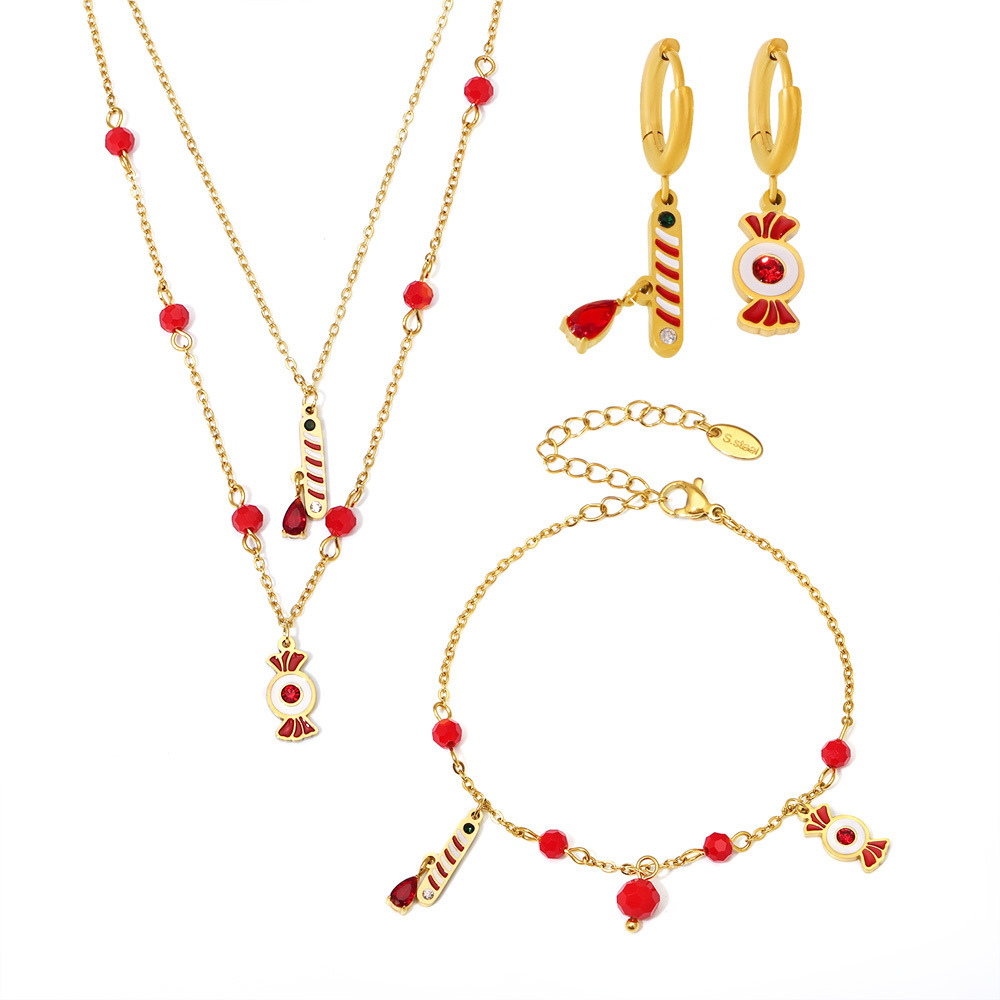 Christmas Element Stainless Steel Gold Color Garnet Women's Jewelry Sets h5Picture2