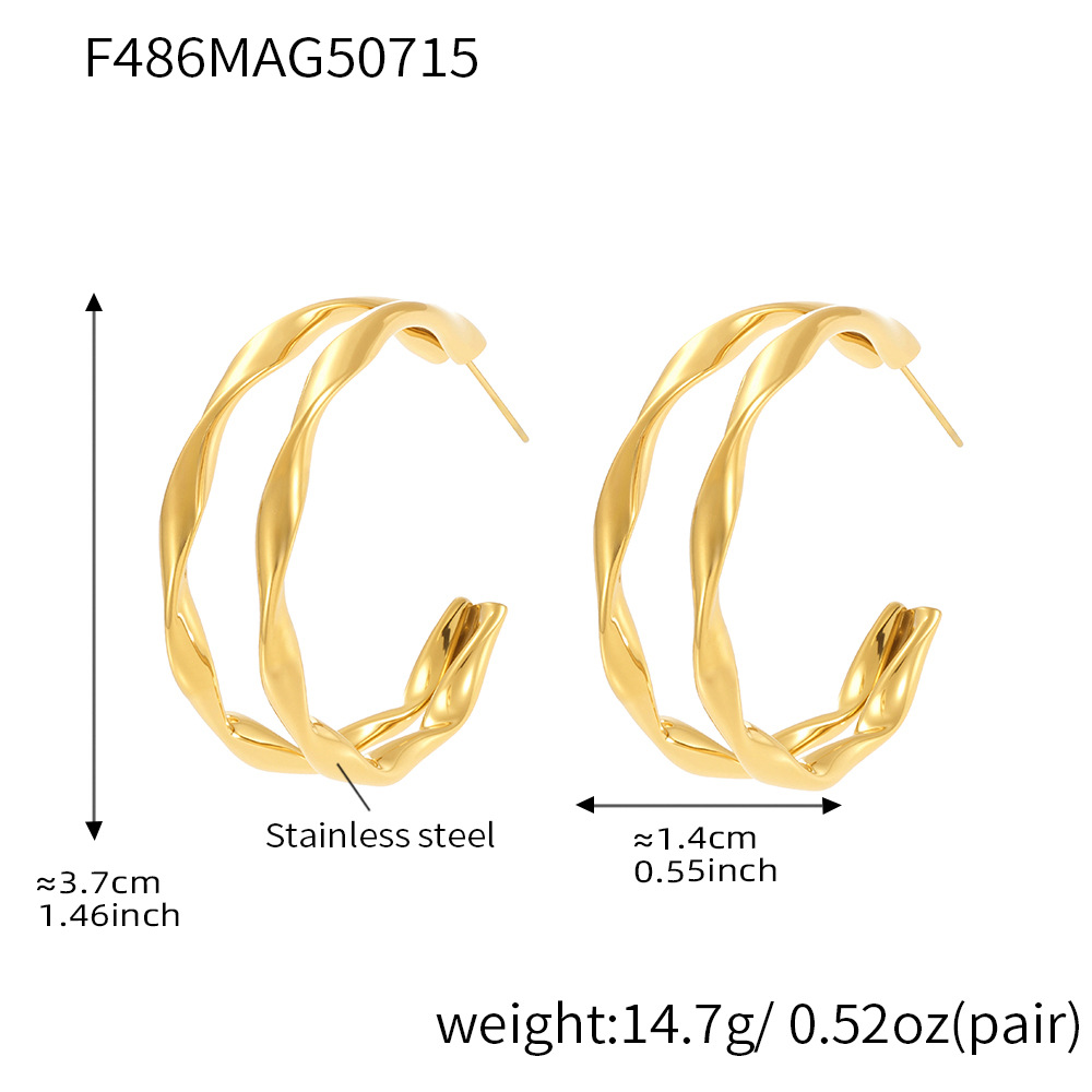 1 Pair Double Circle Stainless Steel Gold Color Women's Hoop Earrings h5Picture2