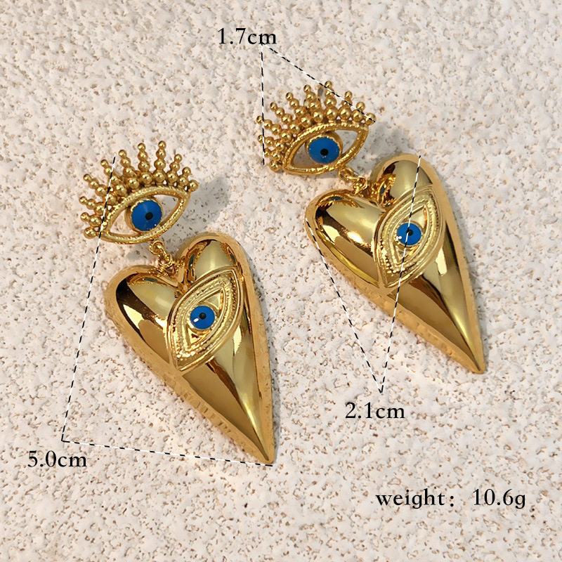 1 Pair Devil's Eye Heart Stainless Steel Gold Color Dangle Earrings 
