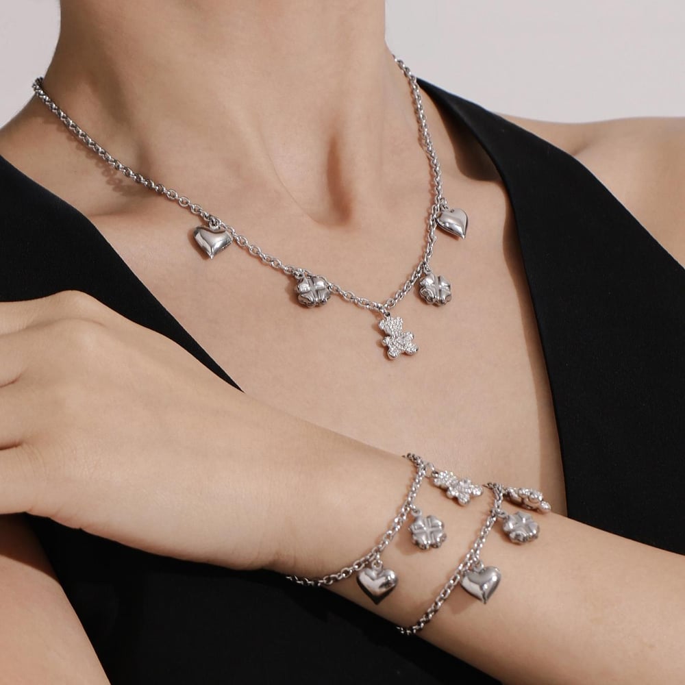 Cute Bear Clover Stainless Steel Gold Color Women's Jewelry Sets h5Picture8