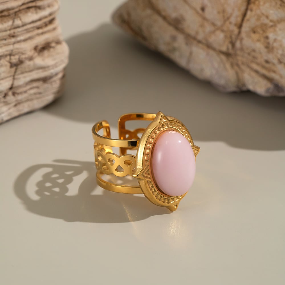 1 Piece Retro Strip Oval Lines Stainless Steel Gold Color Natural Stone Women's Gemstone Rings Picture4