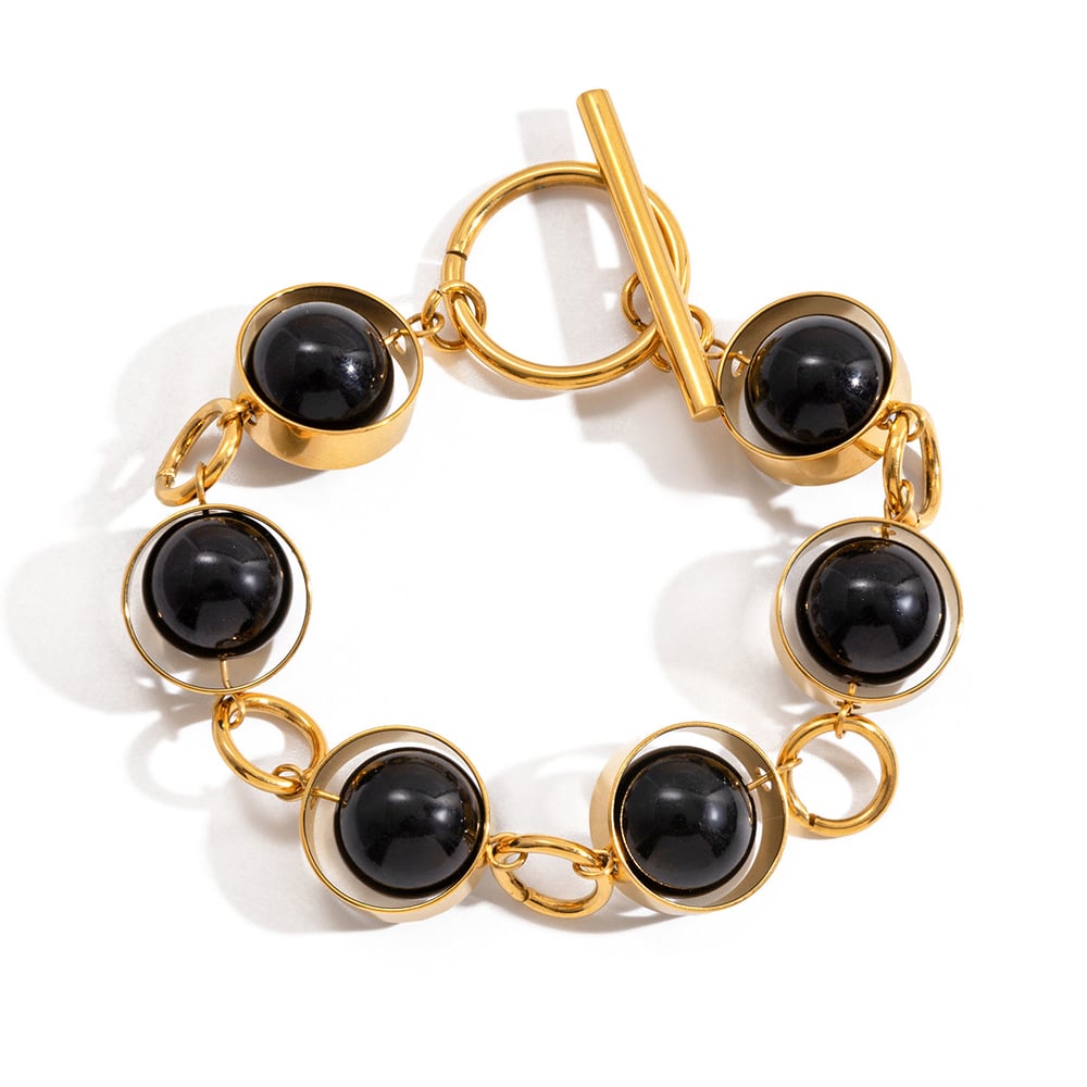 1 Piece Black Glass Beads Stainless Steel Gold Color Women's Beaded Bracelets