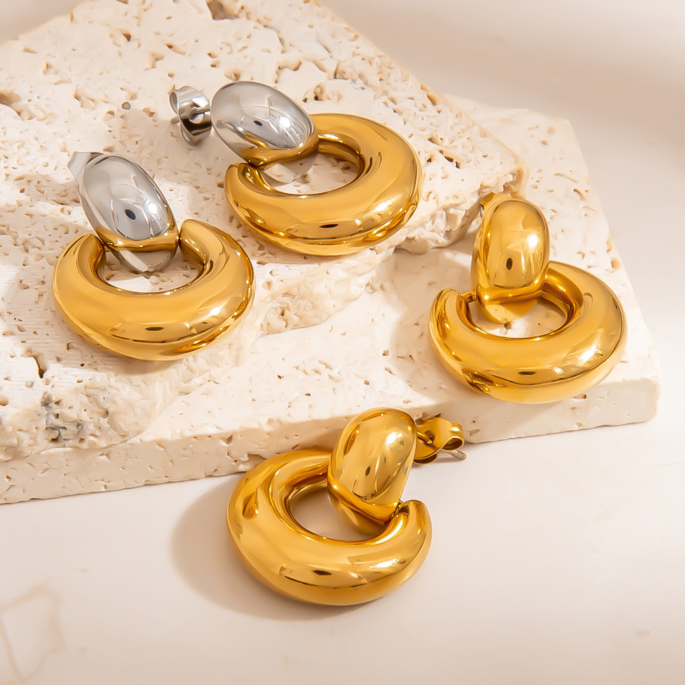 1 Pair Romantic Series Elegant Circle Stainless Steel Gold Color Women's Stud Earrings h5Picture4