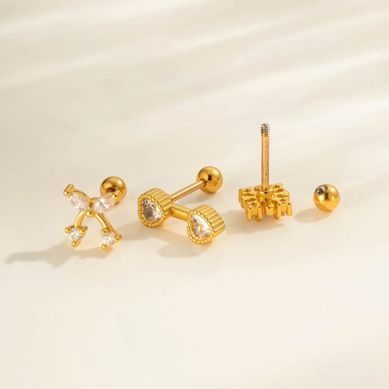 1 Piece Heart Bow Knot Copper Gold Color Zircon Piercing Earring Picture3