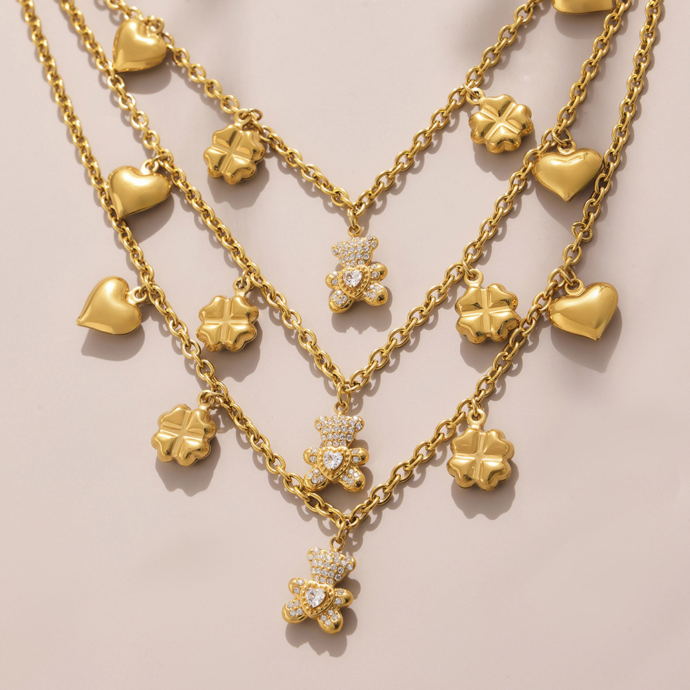 Cute Bear Clover Stainless Steel Gold Color Women's Jewelry Sets h5Picture3