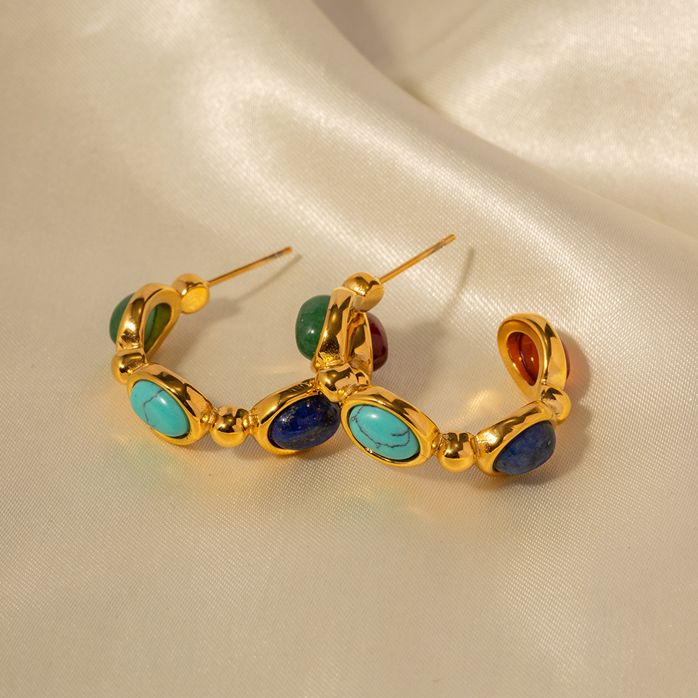 1 Pair Elegant Natural Stone Circle Stainless Steel Gold Color Women's Hoop Earrings Picture8