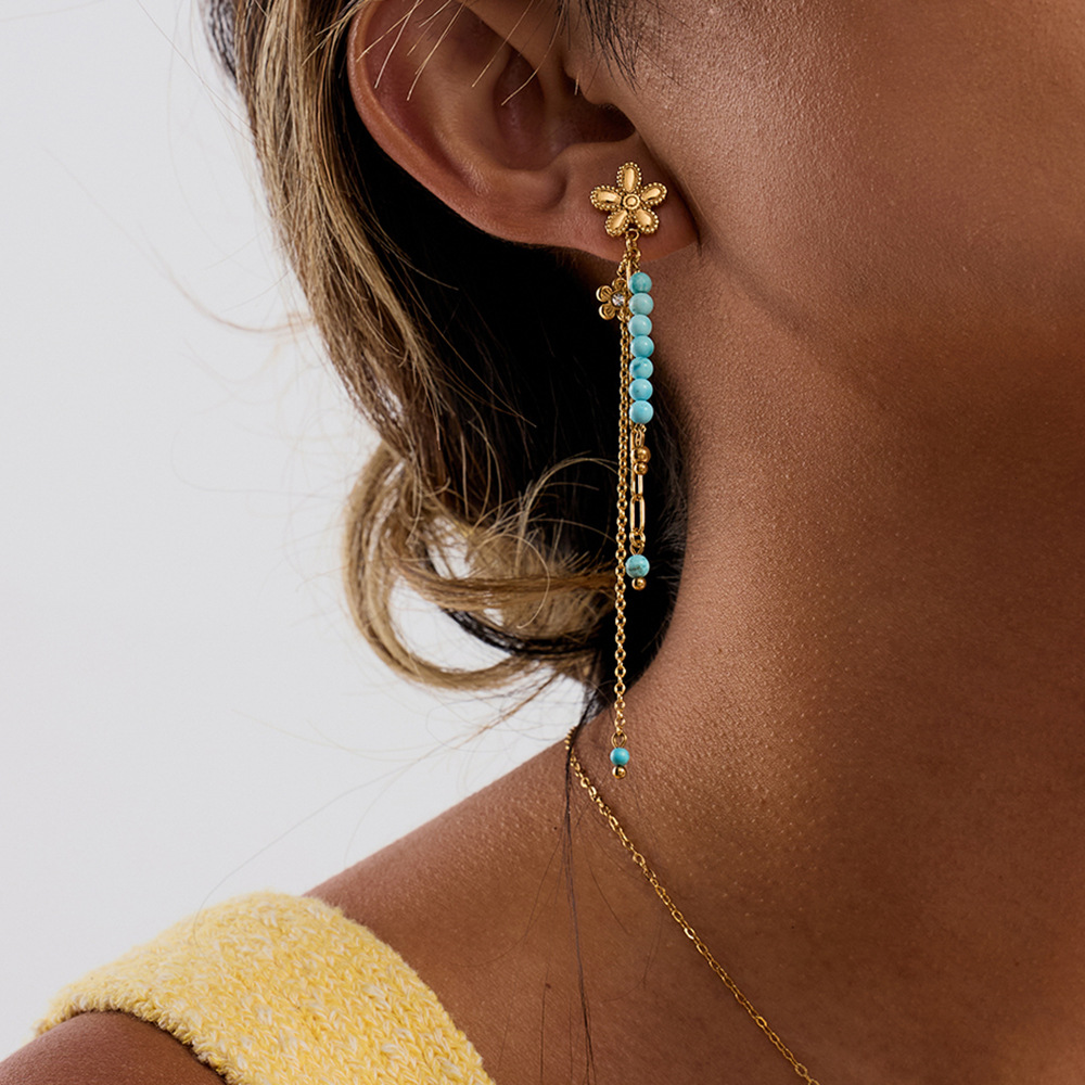 1 Pair Classic Flower Tassel Stainless Steel Gold Color Women's Dangle Earrings Picture4