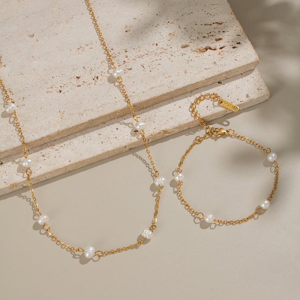 Elegant Pearl Chain Stainless Steel Gold Color Necklace Set Picture2