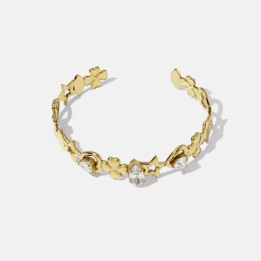 Heart Star Clover Stainless Steel Zircon Cuff Bracelet h5Picture2