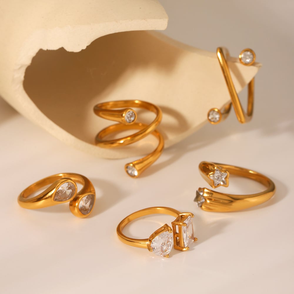 1 Piece Irregular Shape Stainless Steel Gold Color Zircon Gemstone Ring Picture4
