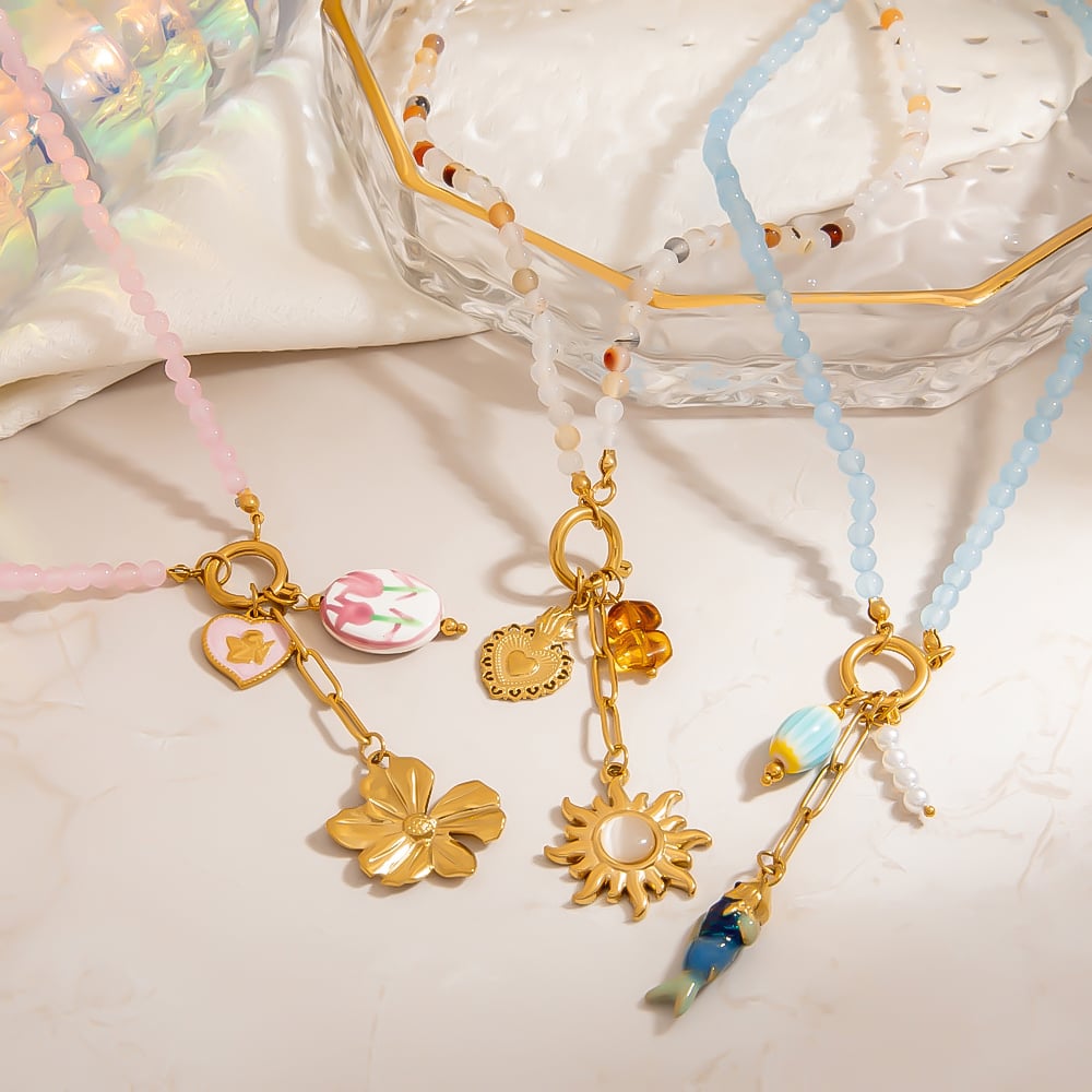 1 Piece  Sweet Flower Sun Fish Stainless Steel  Gold Color  Women's Beaded Necklaces Picture5