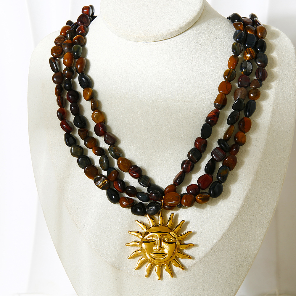 1 Piece Natural Stones Gold Color Sun Shape Beaded Necklace Picture4