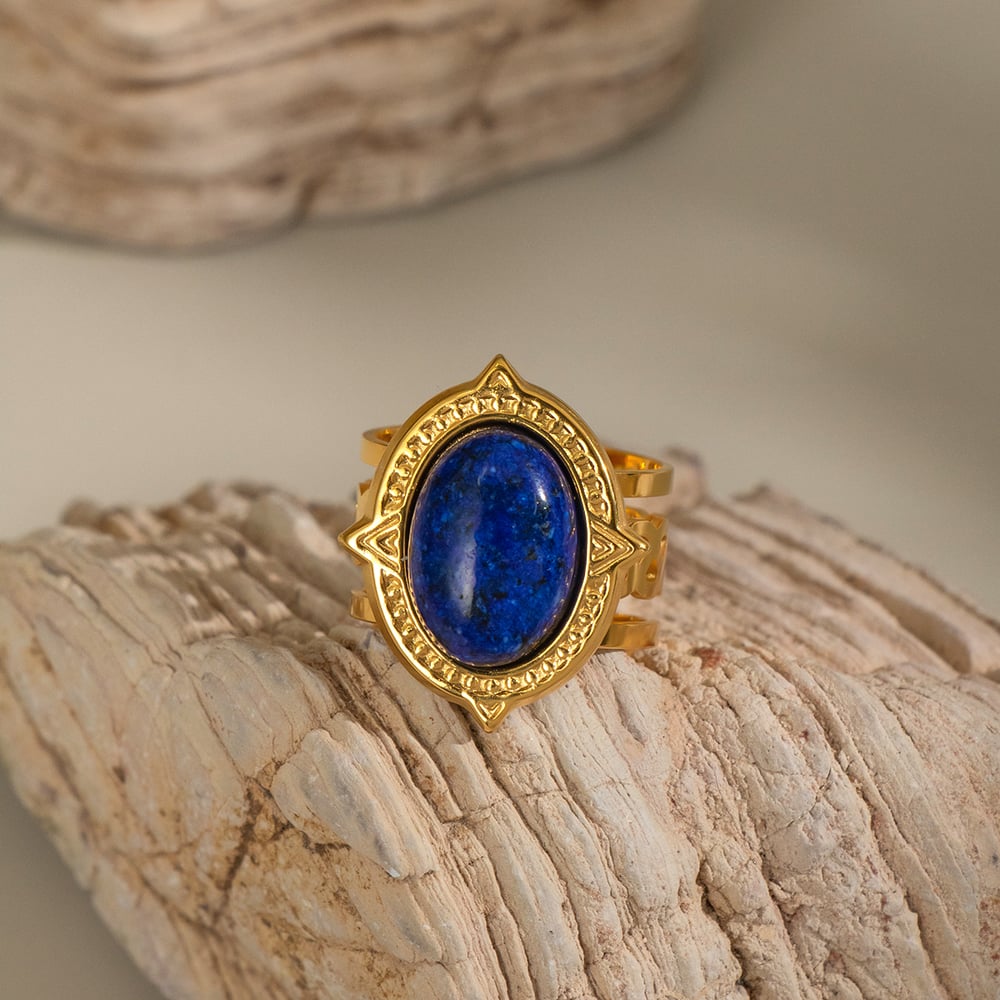 1 Piece Retro Strip Oval Lines Stainless Steel Gold Color Natural Stone Women's Gemstone Rings Picture5