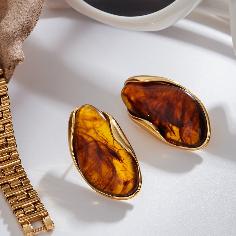 1 Pair Retro Irregular Shape Resin Gold Color Women's Stud Earrings h5Picture6