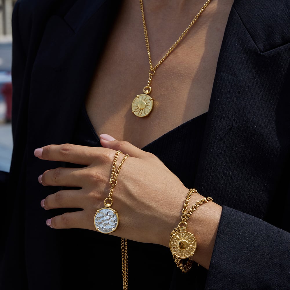 Classic Sun Two-sided Stainless Steel Gold Color Women's Jewelry Sets h5Picture3